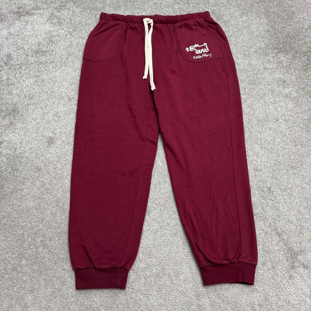 Keith Haring Jogger Sweatpants Mens Large Maroon Barking Dog Graphic Fleece